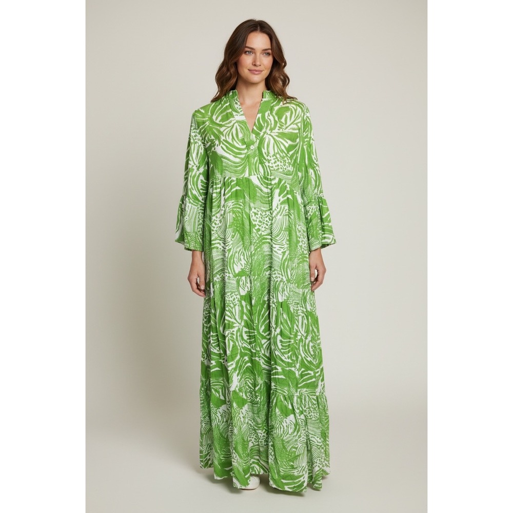 Made in Italy Green Tropical Palm Print Tiered Maxi Dress V-Neck Ruffle NWT S
